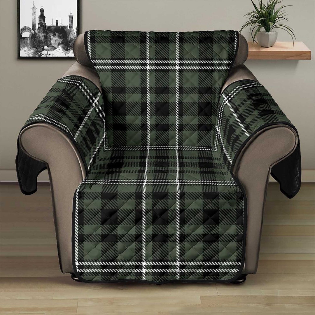 Plaid Recliner Slipcover Green Black and White Tartan Etsy