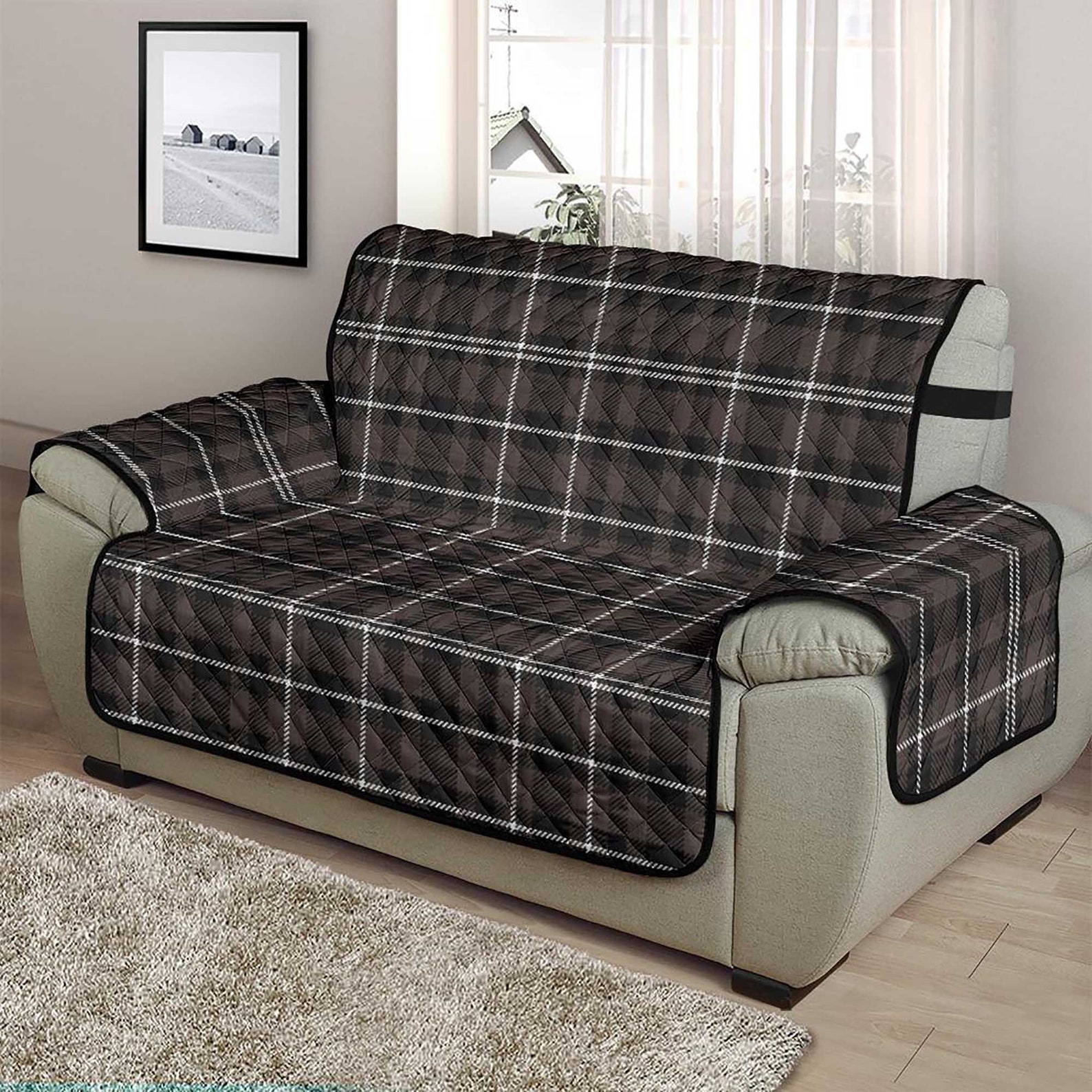 Plaid Loveseat Slipcover Brown Black and White Tartan Etsy