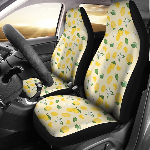 Lemon Car Seat Covers Set Light and Bright Yellow Pattern With Lemons,  Blossoms Leaves Universal Fit Bucket Seats Suvs Lemon Car Accessories 