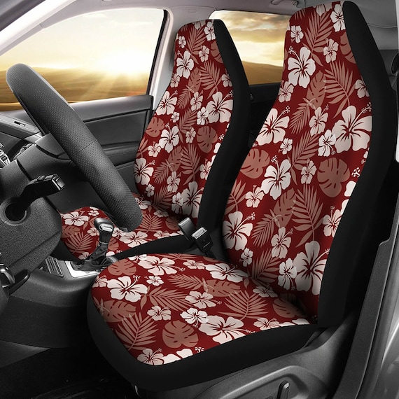 Buy Car Seat Covers Set in Maroon With Hibiscus Flowers and Leaves
