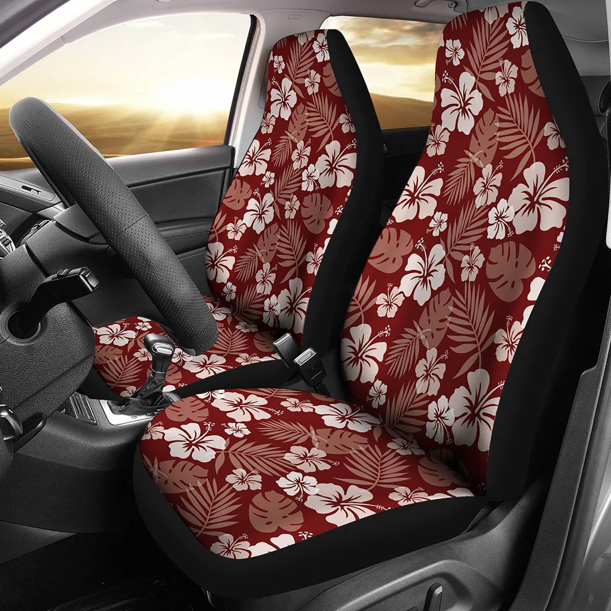 New Blue Hawaiian Flowers Hibiscus Floral Print Car Front Bucket Seat Covers 