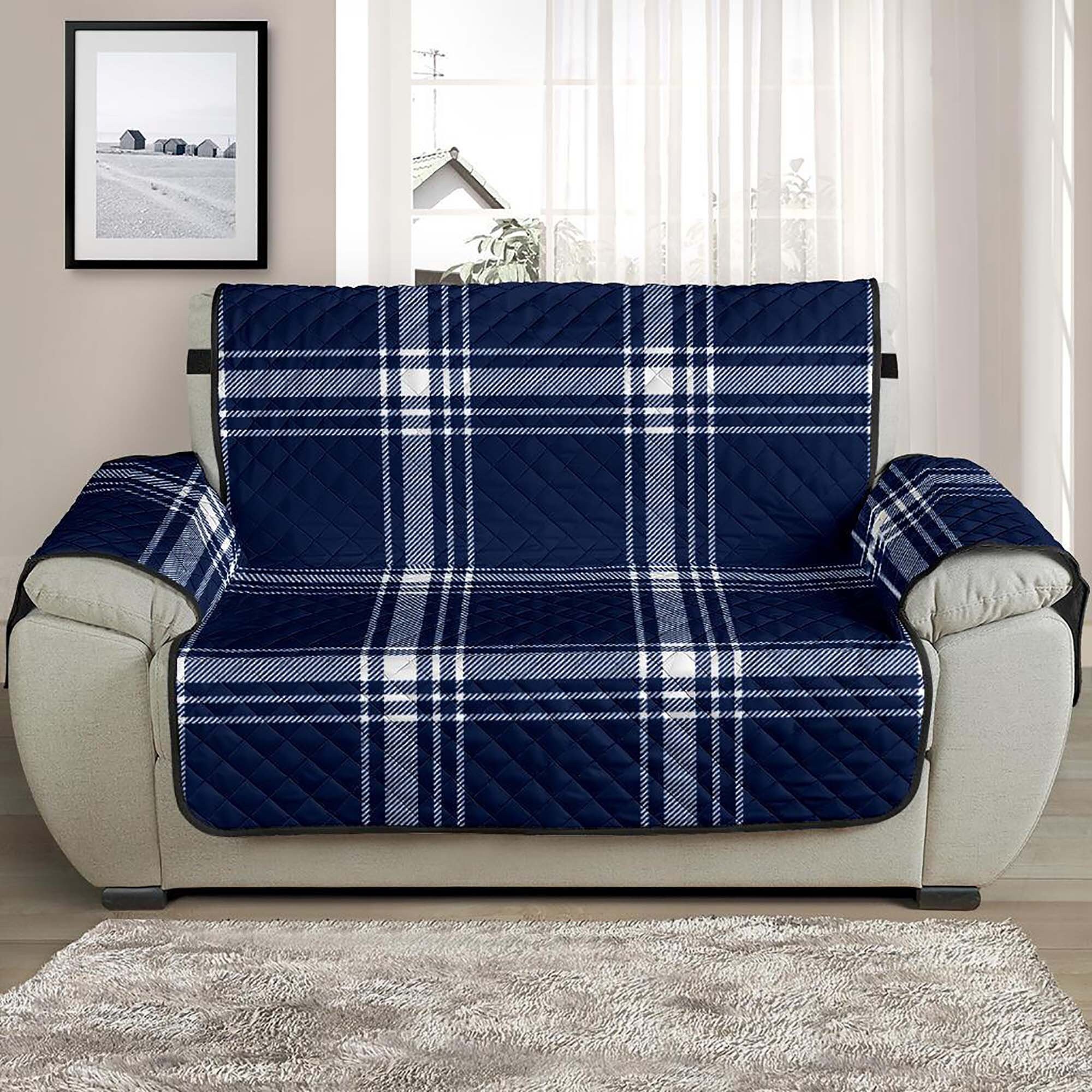 Plaid Loveseat Slipcover Navy Blue and White Tartan Pattern Etsy