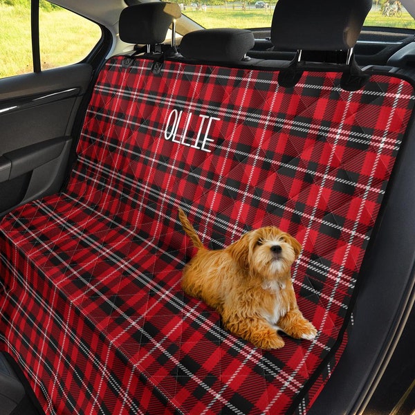 Custom Dog's Name Monogram Red Black and White Plaid Tartan Pet Back Seat Cover Hammock Waterproof Protector Washable Dog Seat Cover Quilted