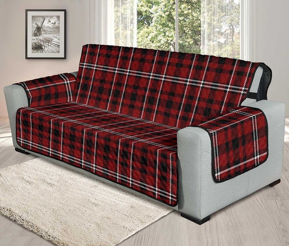 Plaid XL Sofa Slipcover Dark Red, Black, White Tartan 78 Seat