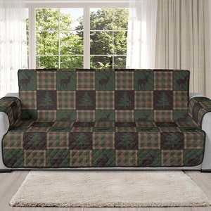 Brown and Green Plaid With Deer and Pine Trees Rustic Patchwork Pattern on 78" Seat Width Oversized Sofa Couch Slip Cover Protector