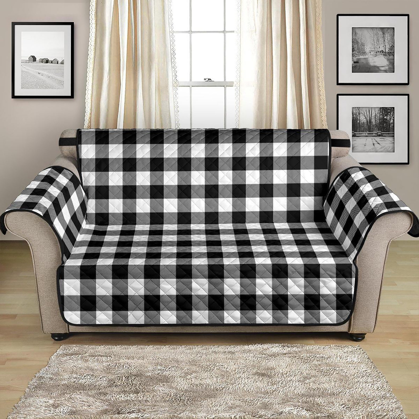 Black and White Buffalo Plaid 54 Seat Width Loveseat Etsy