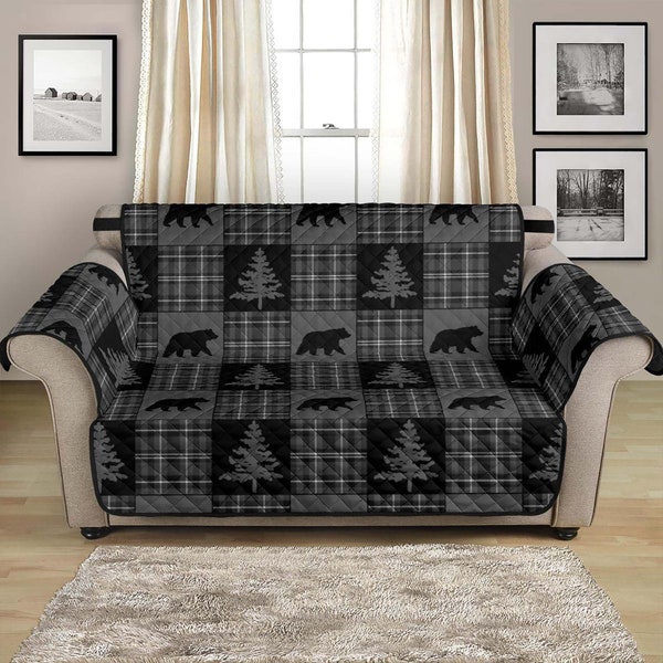 Bear Theme Gray, Black Rustic Plaid 54" Seat Width Loveseat Sofa Couch Cover Protector Slip Cover Log Cabin, Man Cave, Hunting Lodge Decor