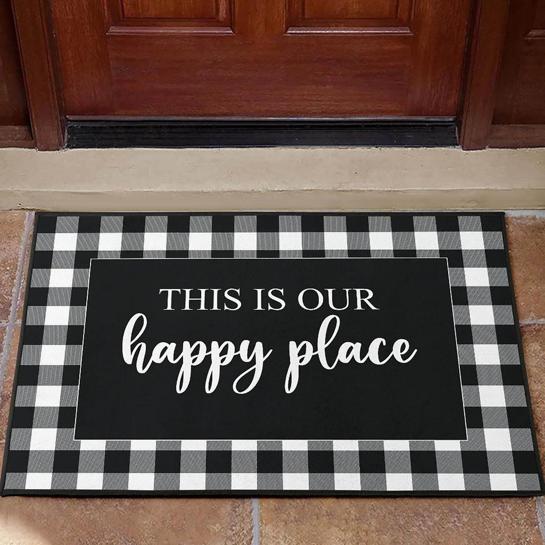 This is Our Happy Place Door Mat Black White Buffalo Plaid Mat
