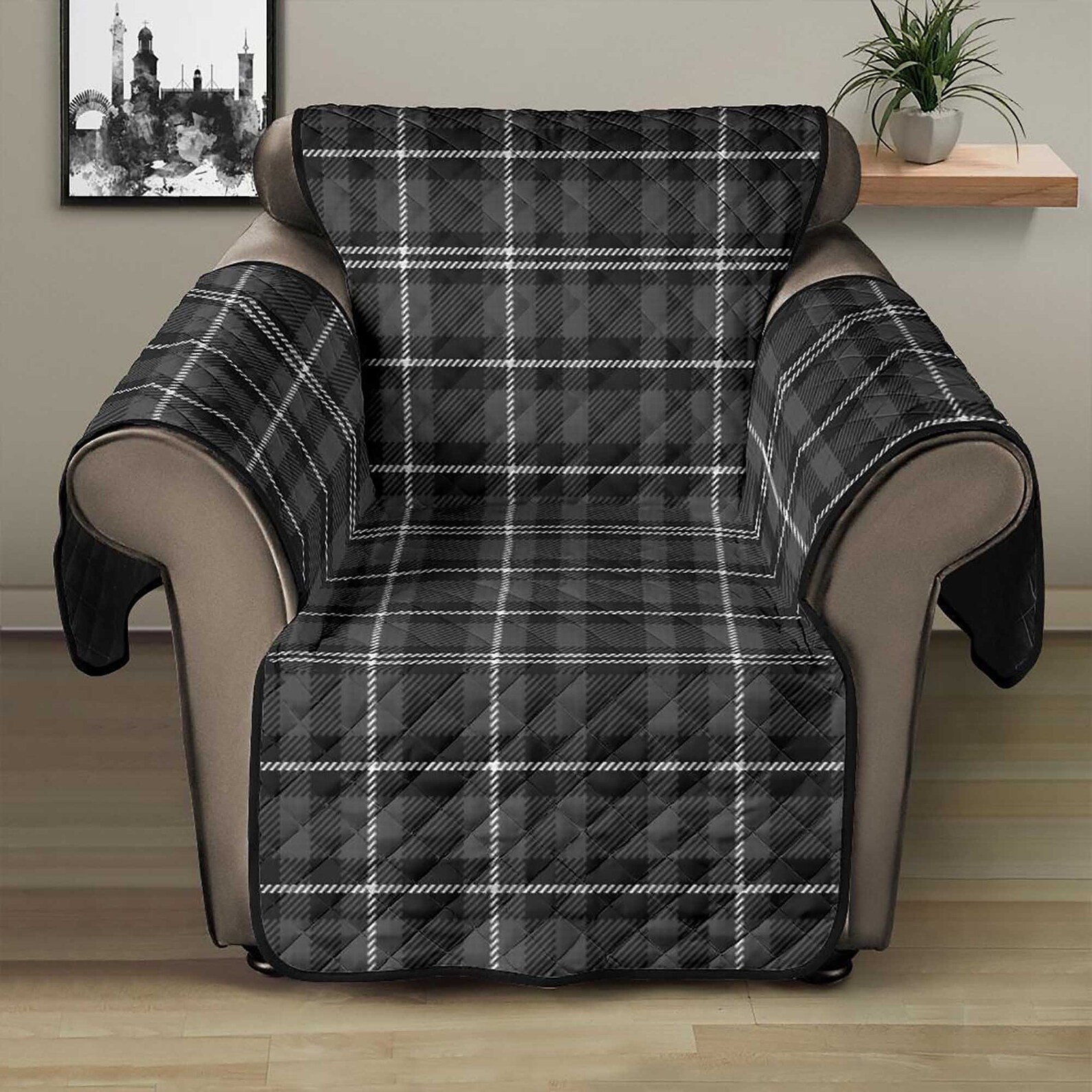 Plaid Recliner Slipcover Gray White and Black Tartan 28 Etsy