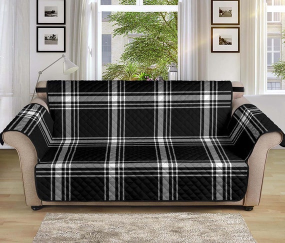 Plaid Sofa Slipcover Black and White Tartan Pattern on 70 Seat