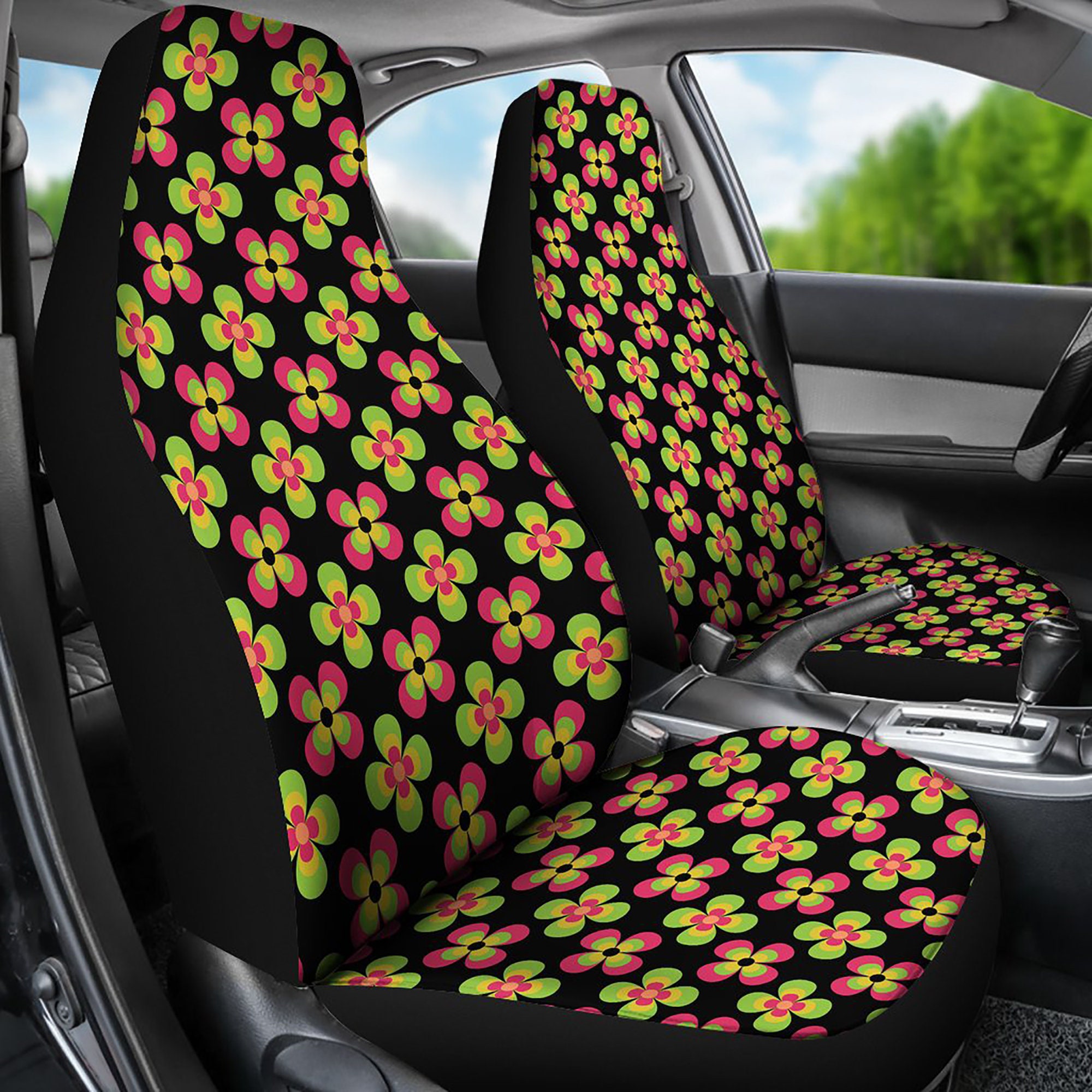 Retro Flowers Car Seat Covers Set Black With Pink and Green Etsy
