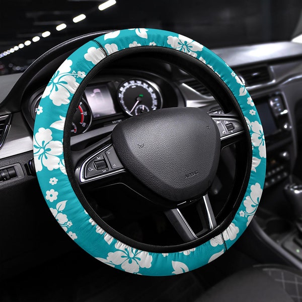 Teal White Hibiscus Pattern Steering Wheel Cover Anti-Slip Car Accessory With Black Trim Universal Fit For Most Cars SUVS Non-Slip Washable