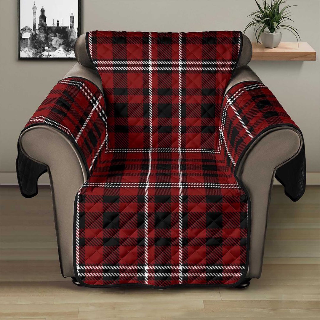 Plaid Recliner Slipcover Dark Red, Black, White Tartan 28 Seat Width