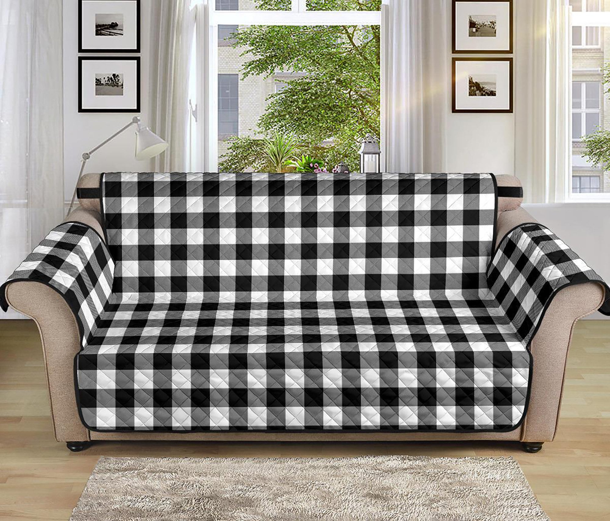 Black and White Buffalo Plaid 70 Seat Width Sofa Couch Cover Protector  Perfect Farmhouse Home Decor Slipcover Rustic Style 