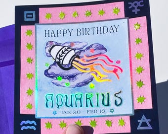 NEW Foil Zodiac Bday Card: Aquarius