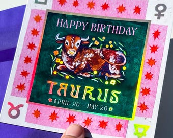 NEW Foil Zodiac Bday Card: Taurus