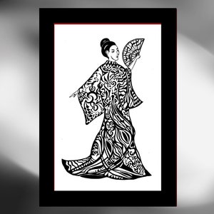 Handgezeichnete Grafik Frau im Kimono Bild 1