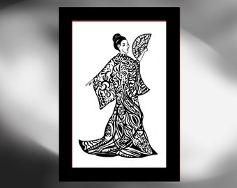 Handgetekende afbeeldingen - vrouw in kimono