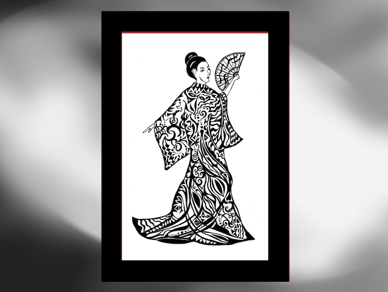 Handgezeichnete Grafik Frau im Kimono Bild 1