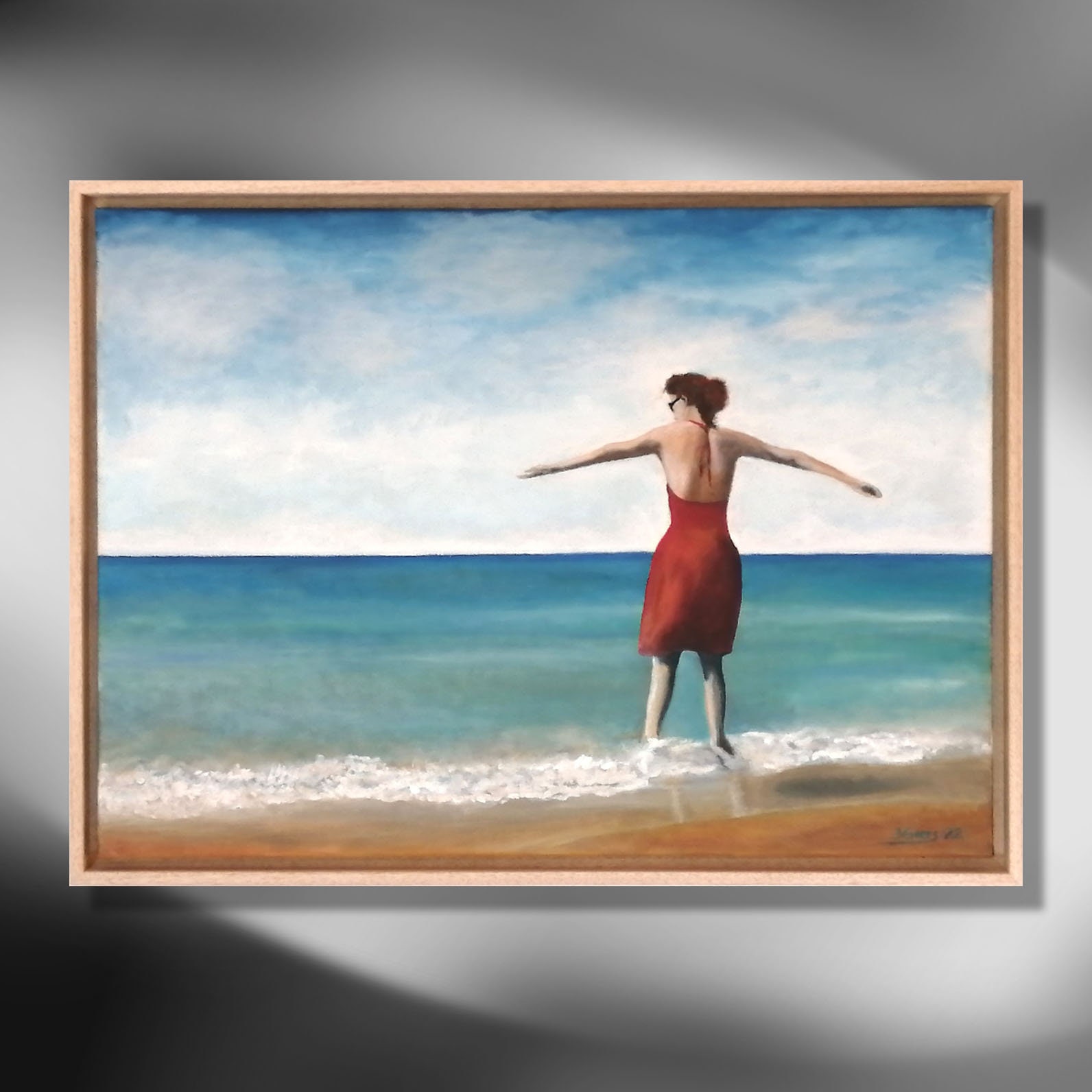 lady in red dress on beach painting Royal Blue Beaded Short Homecoming Dresses, MH691