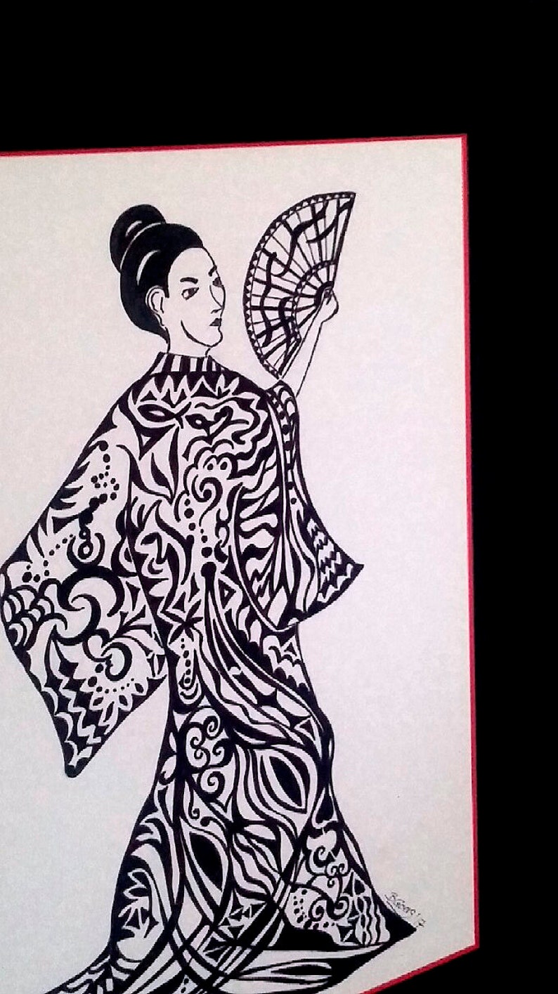 Handgezeichnete Grafik Frau im Kimono Bild 4