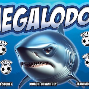 Puede incluir: Gr&aacute;fico digital con un tibur&oacute;n estilizado y la palabra "MEGALODON" encima. Balones de f&uacute;tbol con nombres de jugadores rodean al tibur&oacute;n. El texto incluye "2024", "ASST. COACH: PHIL STOREY", "COACH: BRYAN FREY" y "TEAM MOM: ELISE STOREY".