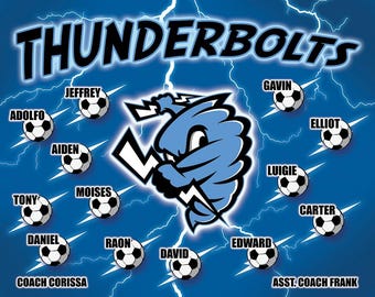 May include: A blue and white soccer team banner with the team name "THUNDERBOLTS" at the top. The banner features a cartoon blue tornado with lightning bolts and the names of the players and coaches.