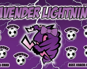 May include: Purple and pink team banner with the text "Lavender Lightning" and the year "2024". The banner features a cartoon purple lightning bolt with a pink bow. The banner also includes the names of the team members and their coaches.