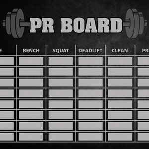 May include: Black and white chalkboard with the text "PR BOARD" in white with a barbell graphic on either side. The board is divided into columns with the headings "NAME", "BENCH", "SQUAT", "DEADLIFT", "CLEAN", and "PRESS".