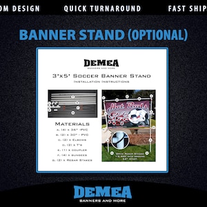 Puede incluir: Un soporte de banner de f&uacute;tbol de 91 cm x 152 cm con instrucciones de instalaci&oacute;n. El banner muestra "Hot Rods" y un gr&aacute;fico de bal&oacute;n de f&uacute;tbol. El soporte incluye tubos de PVC, codos, tes, acopladores y estacas de refuerzo. El soporte de banner es opcional.