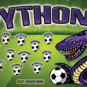 May include: A green and purple soccer team graphic with the word "PYTHONS" in large purple letters. The image features a purple snake, soccer balls, and the names of the players. The year 2025 is also displayed.
