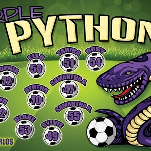 May include: A graphic for the "Purple Pythons" soccer team, featuring a purple snake and soccer balls with player names and numbers. The team name is in purple and yellow. The coach's name is "Carlos".