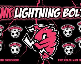 Pink Lightning Bolts - Soccer Team Banner - Any Team Name - Choose Size - Custom Design - Add PVC Stand - Add Pole Pockets - Any Sport