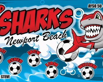 Banner del equipo de fútbol Red Sharks - Cualquier nombre de equipo - Elija el tamaño - Diseño personalizado - Agregue soporte de PVC - Agregue bolsillos para postes - Cualquier deporte