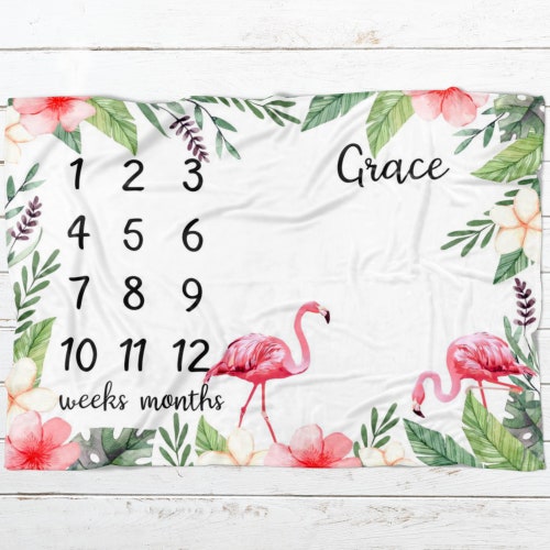 Flamingo Baby Milestone Blanket Girl Baby Month Blanket Baby Etsy
