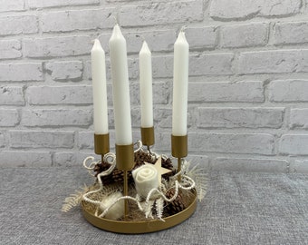 Adventskranz „Gold mit natur“ Metalltablett mit Kerzenhalter