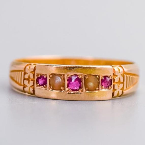 Solid 15K Gold Victorian Ruby & Seed Pearl Ring - image 1