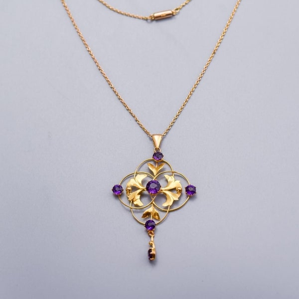 Solid 9K gold fine cable chain necklace with Art Nouveau vine design amethyst pendant