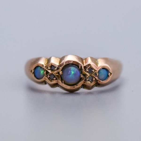 Solid 9K gold Art Deco diamond and opal ring