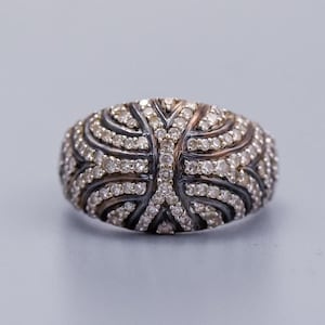 Solid 9K white gold Art Deco style enamel and CZ cluster ring