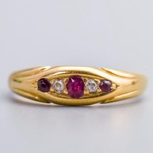 Solid 18K Gold Edwardian Five Stone Ruby & Diamond Ring