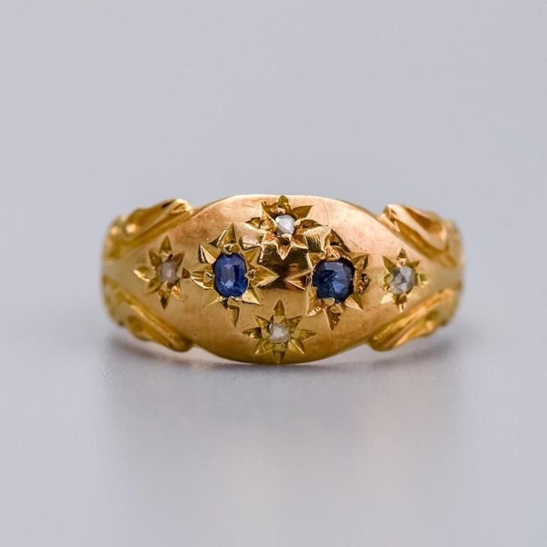 Solid 18K gold antique Edwardian gypsy ring with star etched sapphires and diamonds