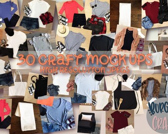 May include: A collage of 30 craft mockups featuring various apparel items, bags, and accessories. The mockups are high-resolution JPEGs and are perfect for showcasing your designs.