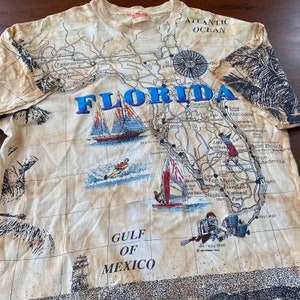 Vintage 1992 Kaart van Florida All Over Print grafisch T-shirt