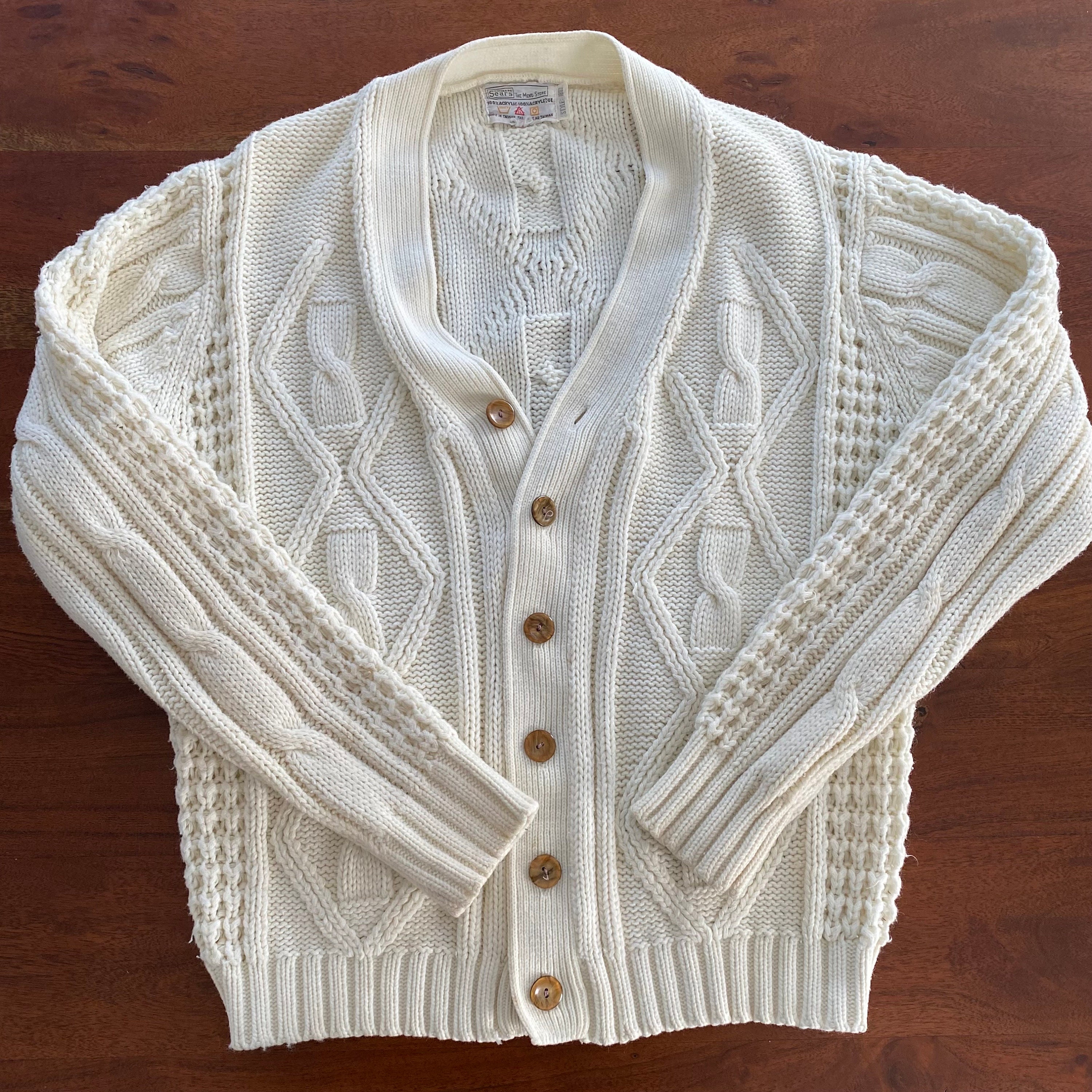 70's〜 Sears Acryl Knit Cardigan VINTAGE 70s Sears Sweater Womens Ivory Acrylic Knit Wood