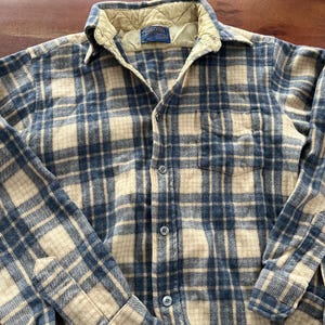 Peut inclure: Une chemise à carreaux bleue et beige avec un col matelassé. La chemise a une poche sur la poitrine gauche et est faite d'un tissu doux et tissé. La chemise est boutonnée et a des manches longues.