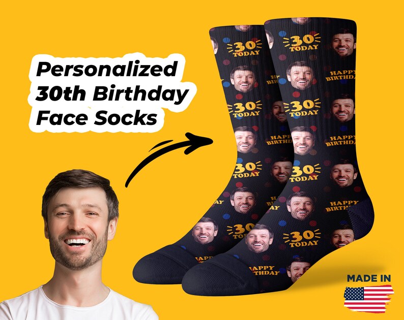 30th Birthday Gift for Him Unique Personalized Face Socks Perfect for Son, Husband's 30th Celebration Black