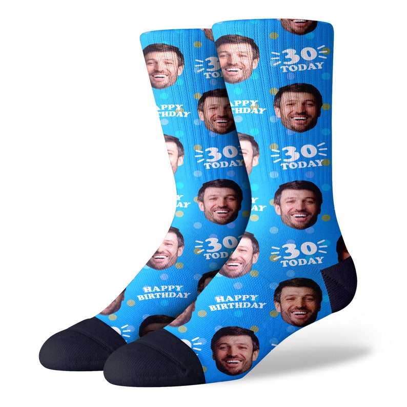 30th Birthday Gift for Him Unique Personalized Face Socks Perfect for Son, Husband's 30th Celebration Blue