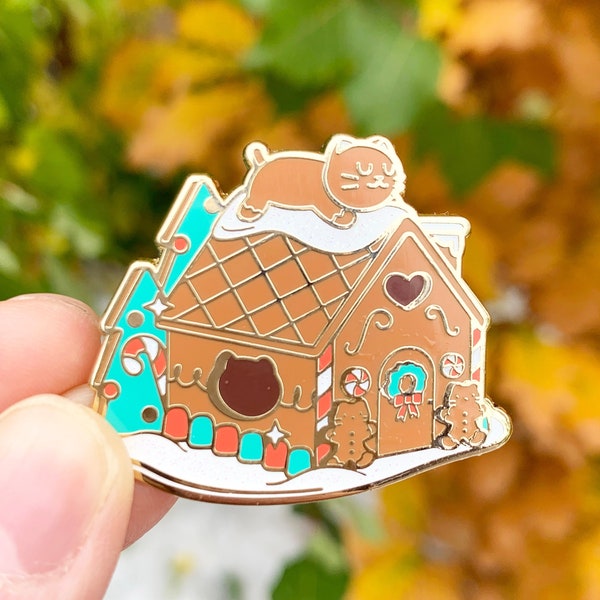 Gingerbread Cat House Hard Enamel Pin, lapel pin jewelry, gifts for catlovers, stocking stuffer christmas