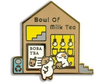 Boba Tea House Enamel Pin, bubble tea Hard Enamel Pin, lapel pin jewelry, gifts for catlovers, stocking stuffer christmas